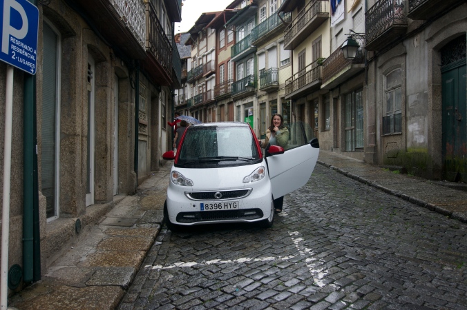 Jamon the Smart car ready to leave rainy Guimaeres, Portugal